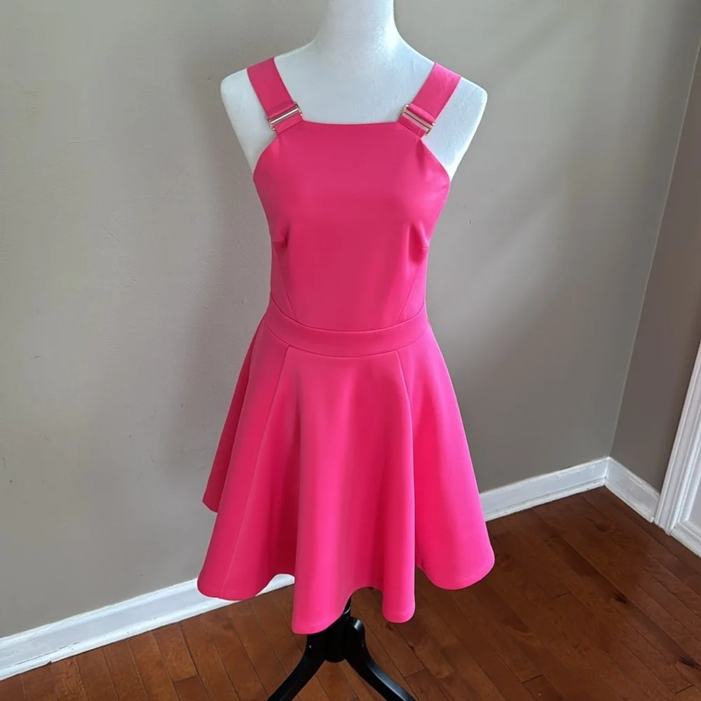 Ted Baker London Jaimie Fuchsia Pink‎ Dress with Gold Buckle Straps Size 2